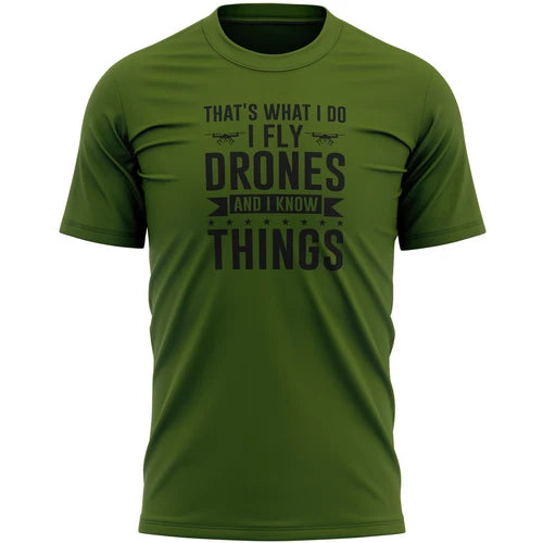 Men's green drone graphic T-shirt with front text 'I fly drones'.
