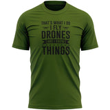 Men's green drone graphic T-shirt with front text 'I fly drones'.