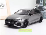 Gray 1:18 diecast model car with front grille and headlights, side view, ABT badge