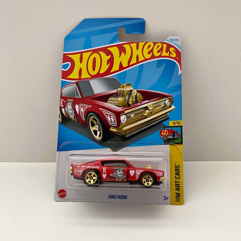 Red die-cast toy car in Hot Wheels blister pack, gold accents, King Kuda
