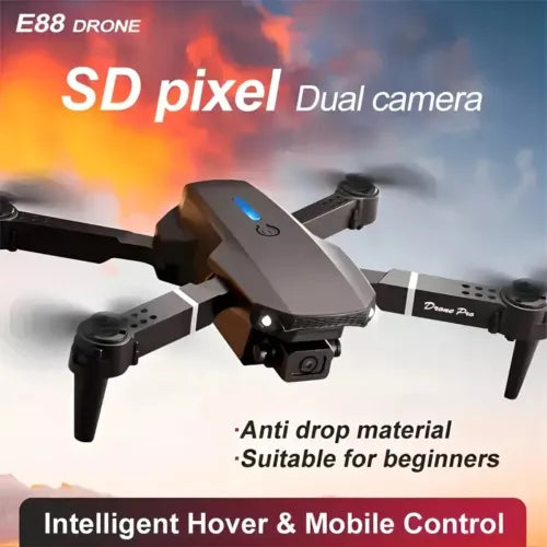 Quadcopter selfie drone with dual camera, foldable arms and four propellers