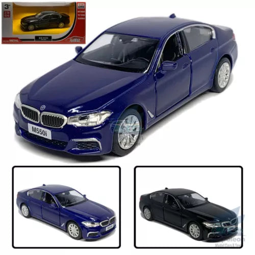 Blue BMW M550i diecast model car, front 3/4 view with alloy wheels.