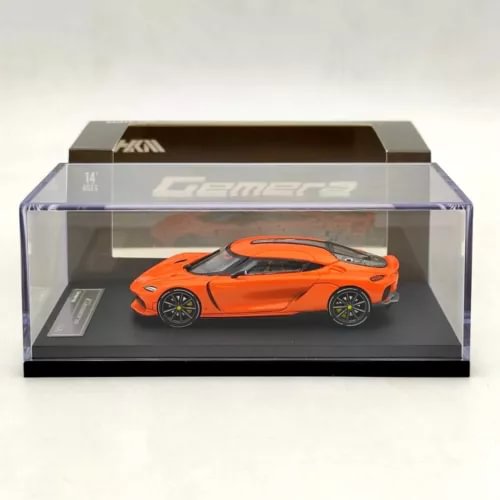 Orange 1:64 diecast sports car model in clear display box