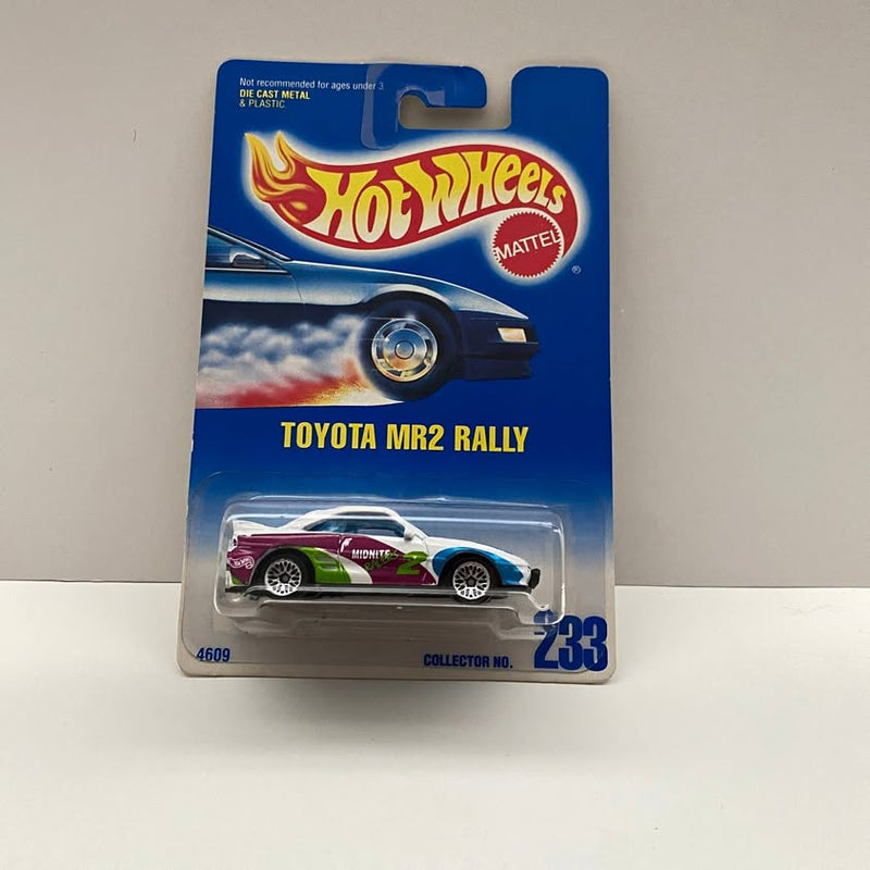 Hot Wheels Toyota MR2 Rally diecast car on card, white with purple, blue, green graphics