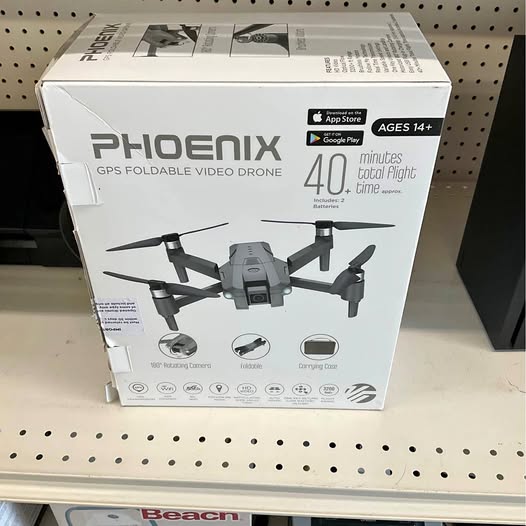Foldable video drone retail box with quadcopter diagram and GPS Phoenix branding