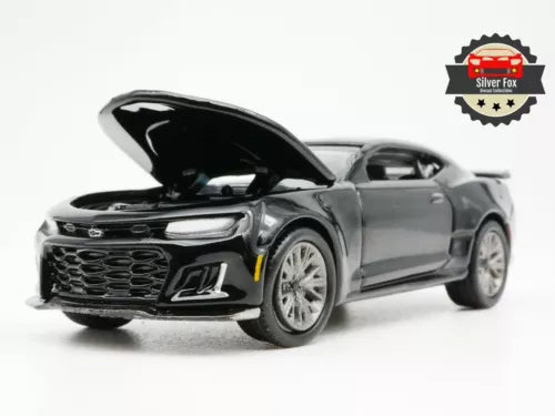 Black 1:64 diecast model car with open hood, front 3/4 view, silver wheels