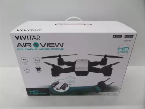 Foldable video drone retail box with front view of black quadcopter illustration