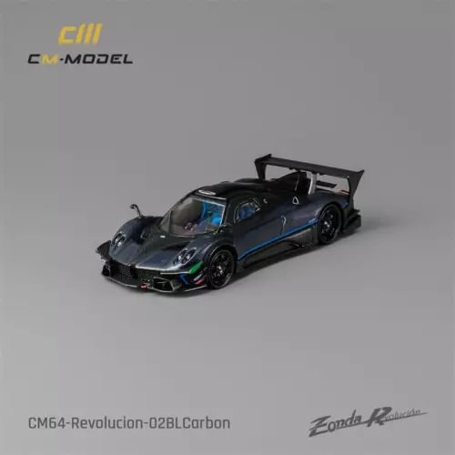 1:64 diecast sports car model, black with blue stripe, rear wing, open doors