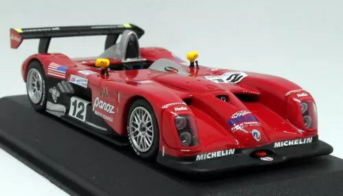 Red diecast racing car with number 12, front-left angle, open cockpit
