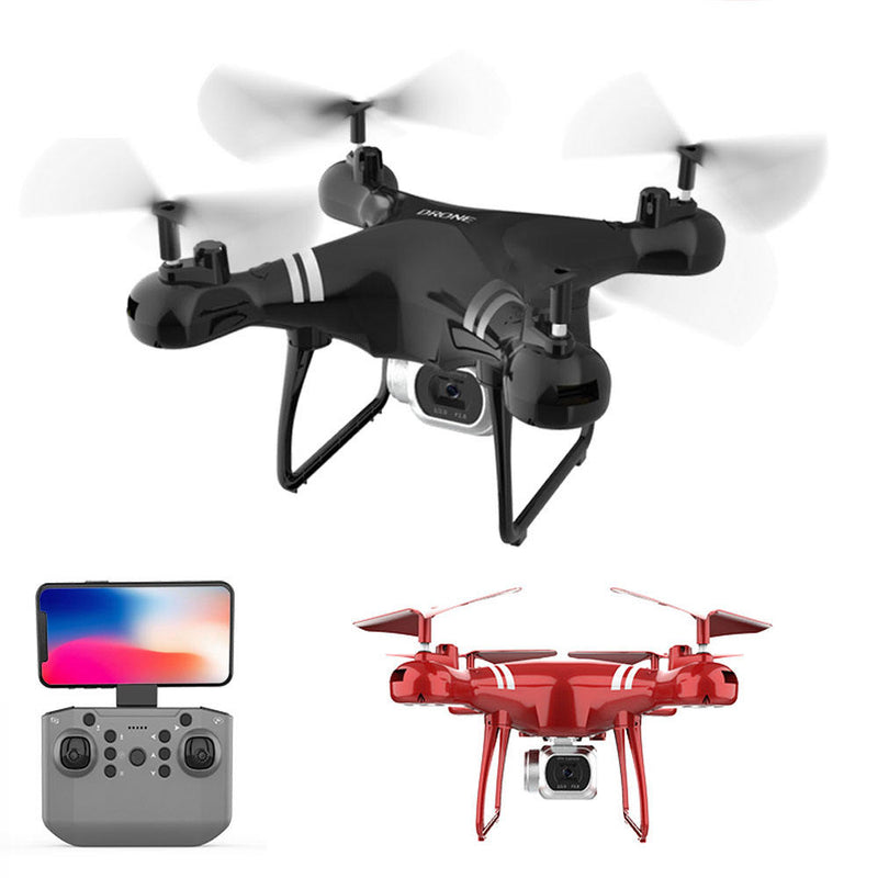 Black quadcopter drone with HD camera and remote controller screen