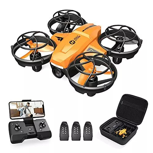 Orange quadcopter drone with controller, three batteries, and travel case