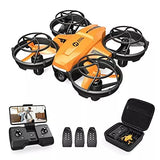 Orange quadcopter drone with controller, three batteries, and travel case