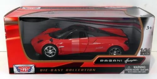 Red Pagani Huayra 1:24 scale diecast car in retail packaging, silver wheels