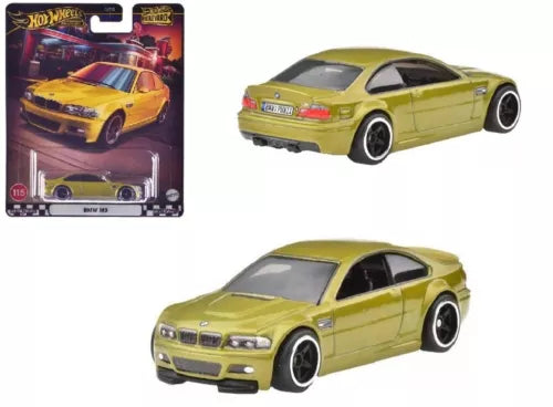 Hot Wheels 1:64 BMW M3 diecast in metallic gold with black wheels.
