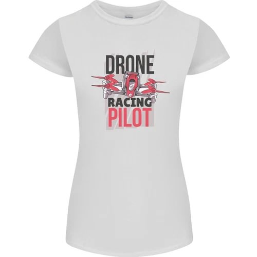 Women's petite cut T-shirt, white, front graphic text "DRONE RACING PILOT"