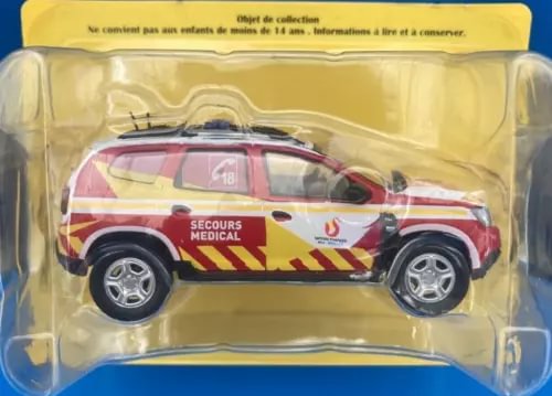 Red and white rescue fire truck diecast model in blister packaging