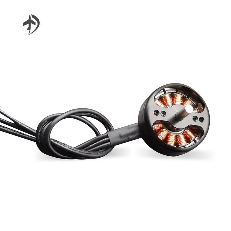 Brushless drone motor with copper windings and black cable leads
