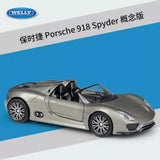 Welly 1:36 Porsche 918 Spyder diecast pullback car, light gray with black details