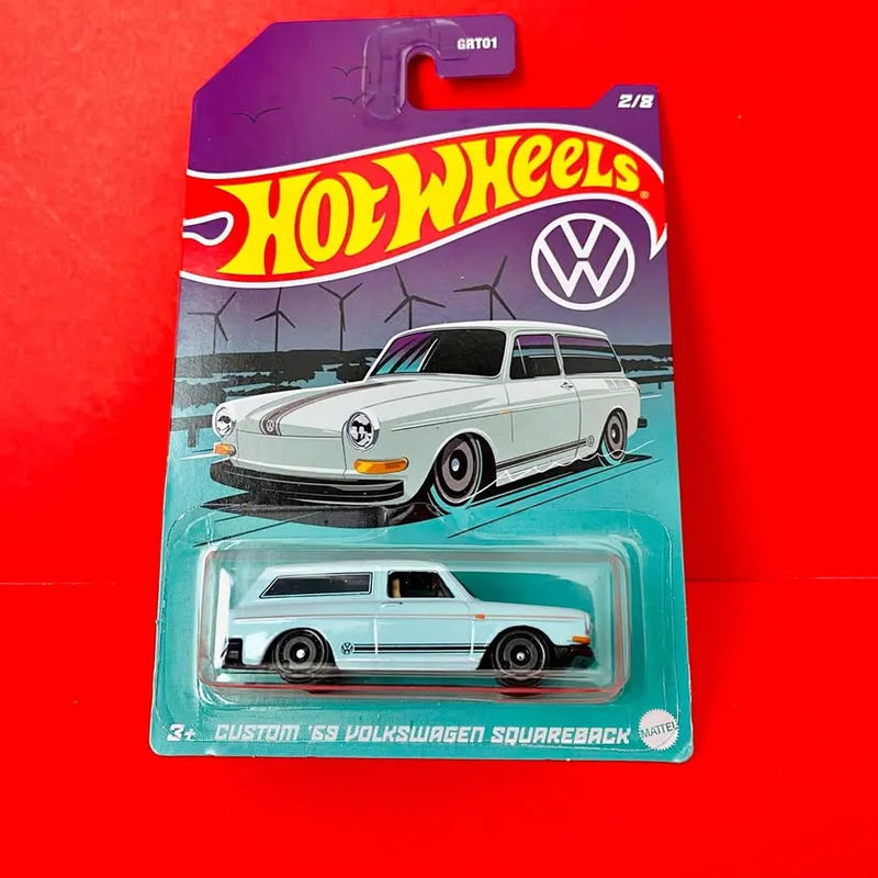 Hot Wheels diecast Volkswagen Squareback wagon toy in blister, light blue and white