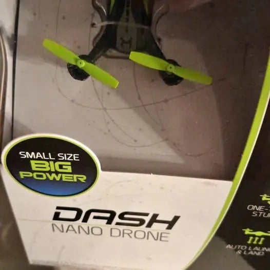 DASH nano drone with green propellers and 'small size big power' label