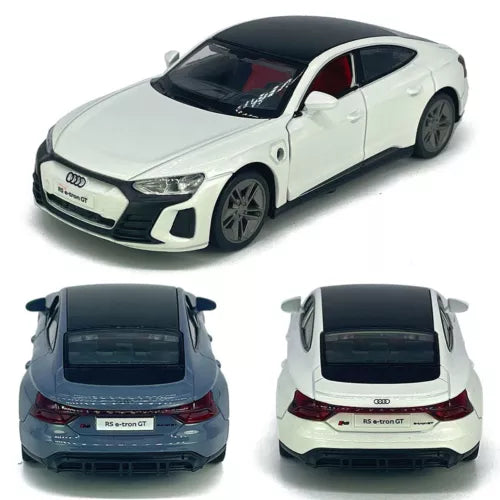White diecast pull-back toy car, front and rear views, RS e-tron GT details.