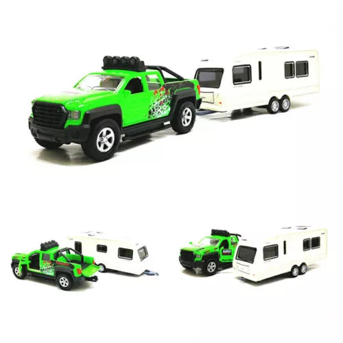 Green diecast pickup truck with white camper van trailer, toy model
