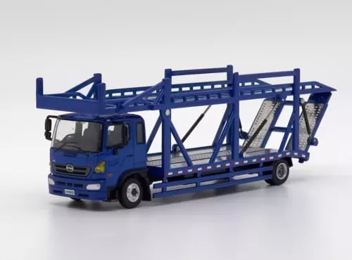 Blue diecast metal transport truck with open double-deck car carrier frame