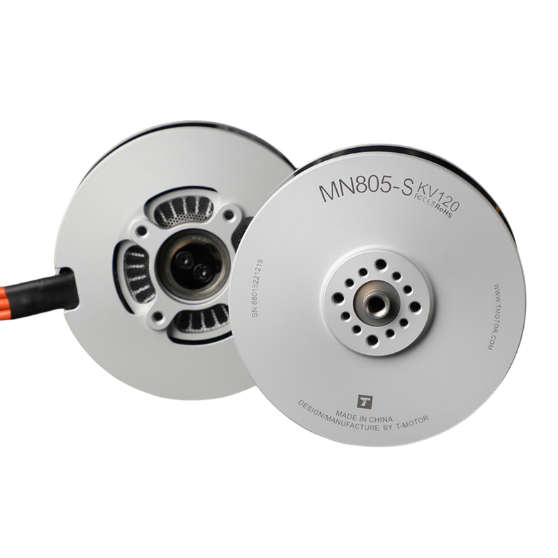 Drone brushless motor pair, circular silver housings with mounting hole and label MN805-S