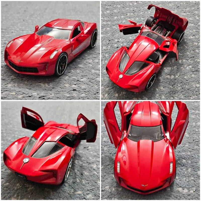 Red diecast sports car model toy with detailed cockpit and open hood