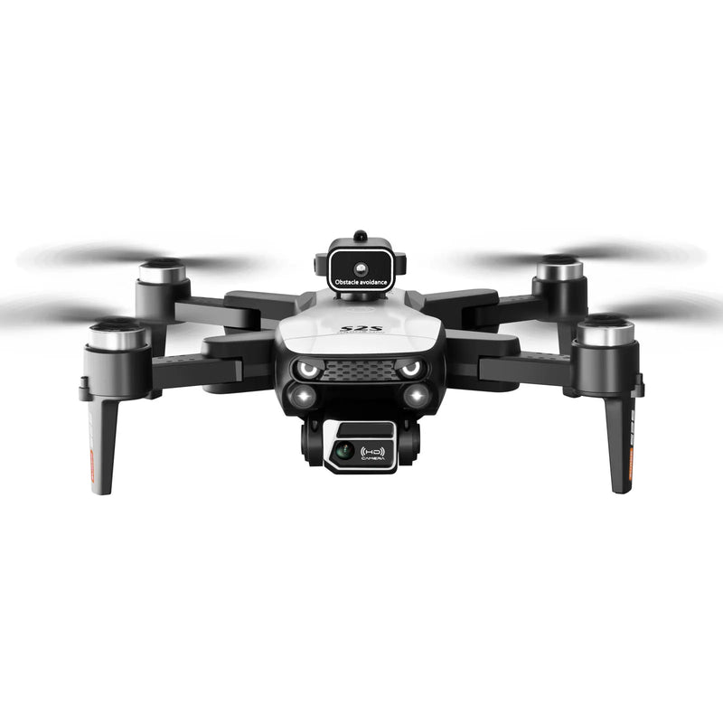 Small black folding quadcopter drone with front camera and gimbal