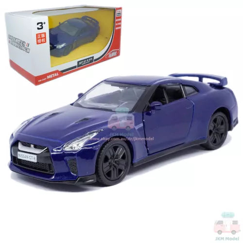 Blue Nissian GT-R R35 diecast toy model car with front grille and headlights
