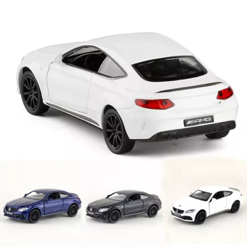 1/36 diecast toy sports car, white with black wheels and AMG badge
