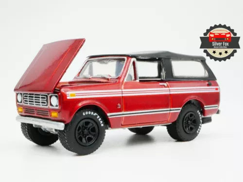 Red and black 1:64 diecast model truck with hood open, black wheels