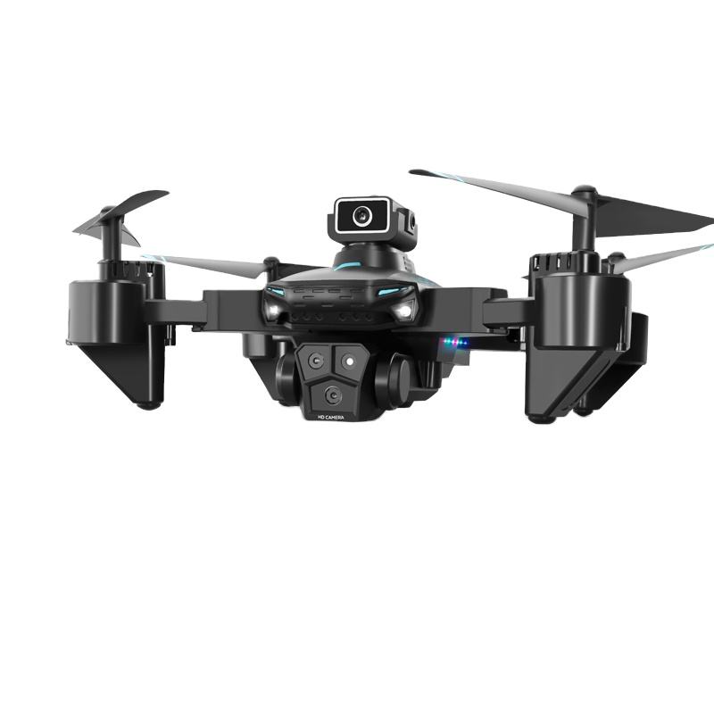 Small folding quadcopter drone with front camera and four propeller arms