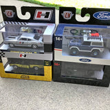 1:64 scale diecast race cars in boxed packaging with Ford logo and Hurst graphics
