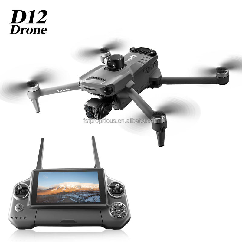 D12 quadcopter drone with 4-blade propellers and handheld remote control