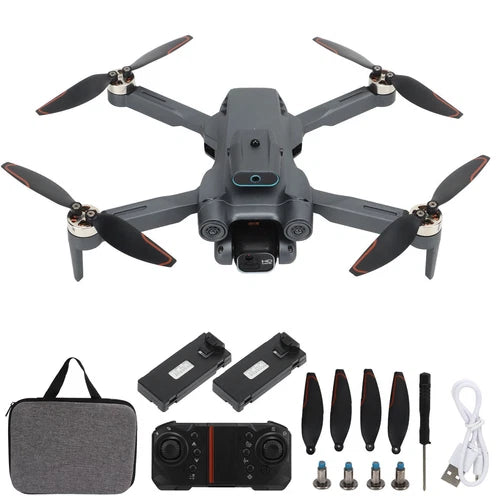 Mini drone with four propellers, front camera, remote controller and batteries, gray