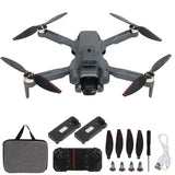 Mini drone with four propellers, front camera, remote controller and batteries, gray