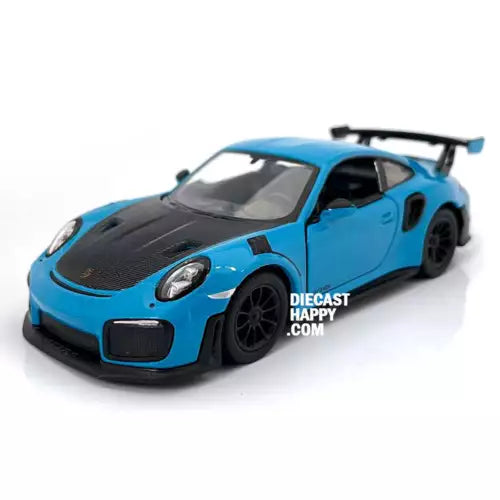 Blue diecast sports car model with black hood and rear wing, 1:36 scale