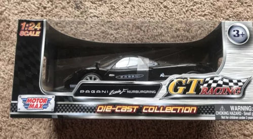 Black 1:24 die-cast sports car model in GT Racing box, front view