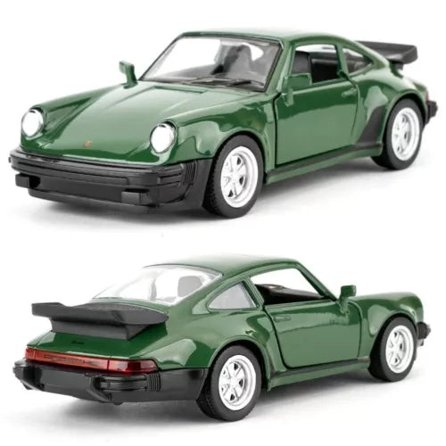 Green alloy diecast sports car model with front and rear views, white wheels, black bumpers