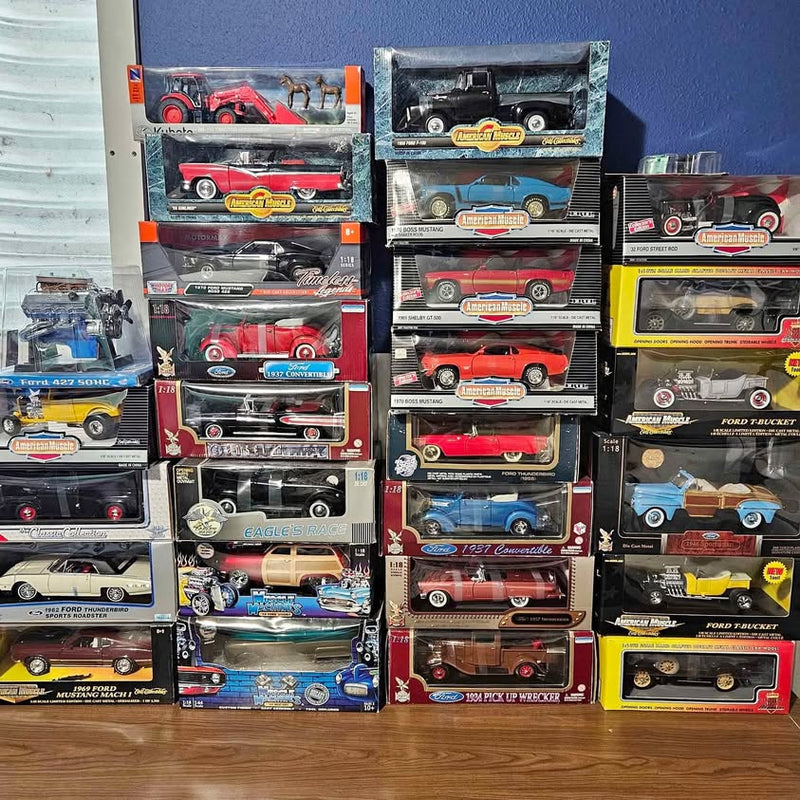 Diecast car and truck assortment in colorful retail boxes