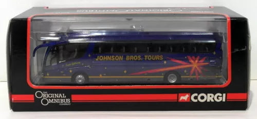 Diecast model bus in display box, blue with Johnson Bros Tours graphics and Corgi logo