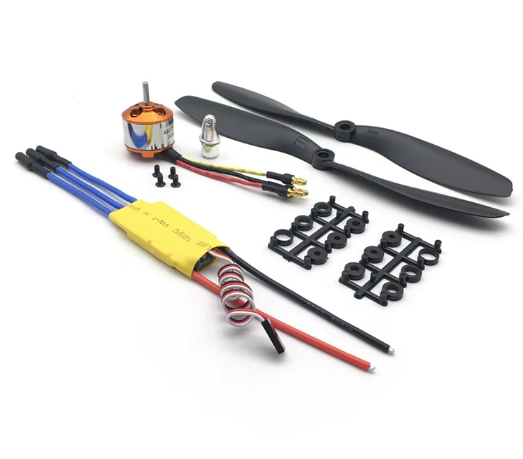 Drone brushless motor and propeller kit with prop guards, screws, and wiring