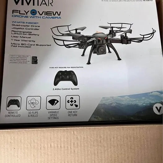 Quadcopter drone with camera, four rotors and landing legs