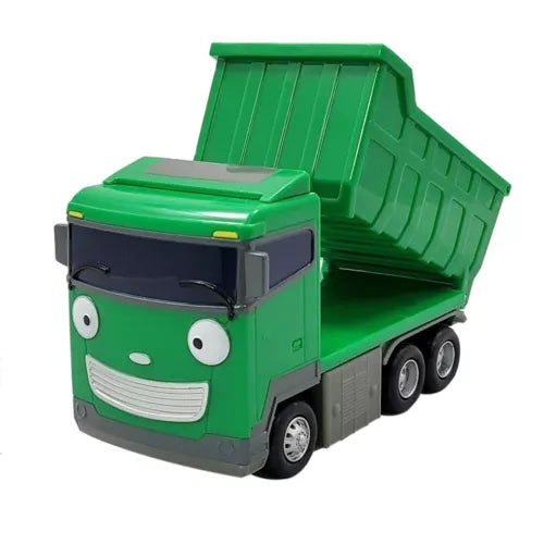 Green diecast dump truck with open top cargo bed and pull-back wheels