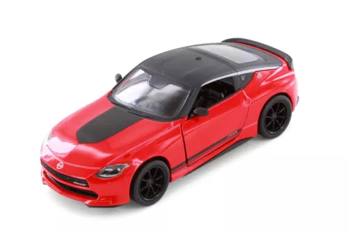 Red and black die-cast toy sports car with black hood and wheels