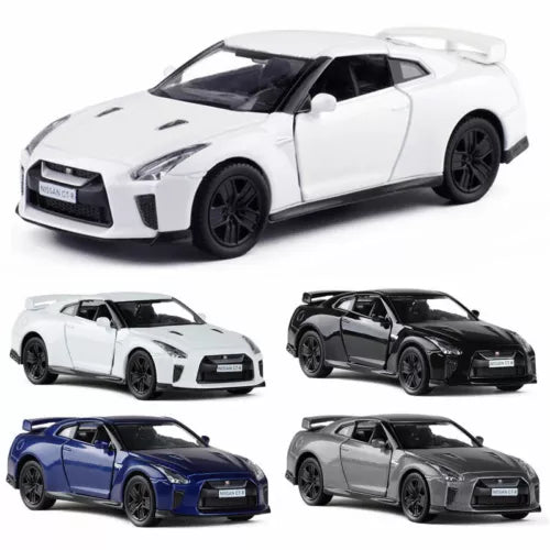 1:36 metal diecast sports car models in white, black, blue, and gray.