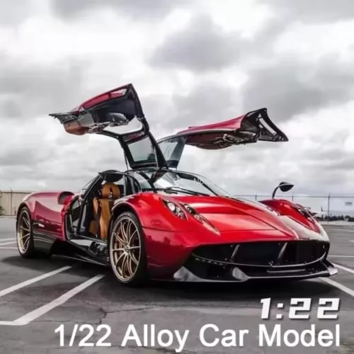 1:22 alloy diecast sport car model, red with open gullwing doors, front 3/4 view