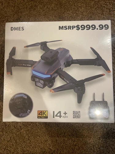 DMES drone retail box showing 4K Ultra, 14+ and pictured quadcopter